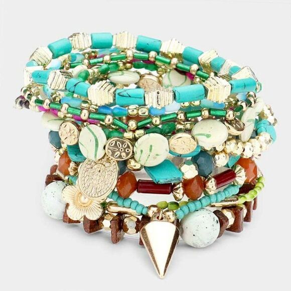 12PCS - Coin Flower Charm Wood Multi Beaded Stretch Bracelets  Item:  Bracelet S - Picture 1 of 7